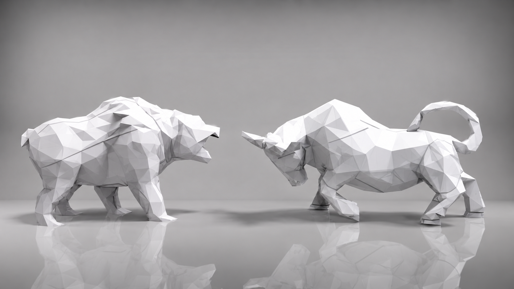 Faceted white bear and bull sculptures facing each other on a reflective studio floor